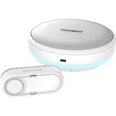 A round, silver doorbell station with LED illumination ring and matching doorbell button, both featuring the 'Honeywell' logo.