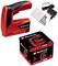 A red electric staple gun by Einhell with a charger and nails. The packaging displays product details and images.