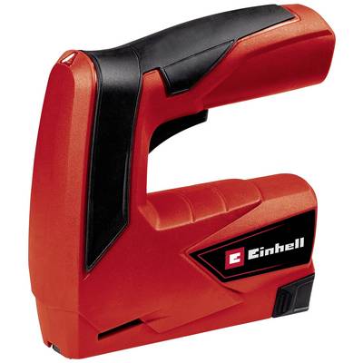 A red hand stapler by Einhell, with a black handle and logo on the side, suitable for DIY projects.