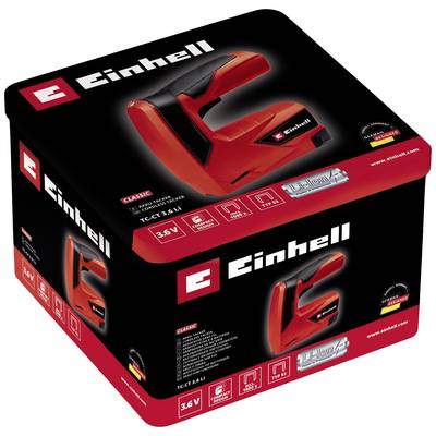A red Einhell cordless staple gun in a black packaging with product labels and technical details in white and red.