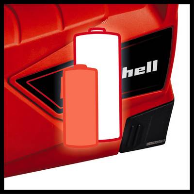 A red tool with a symbol of two batteries, one filled in red, printed on it. Brand name in the background.