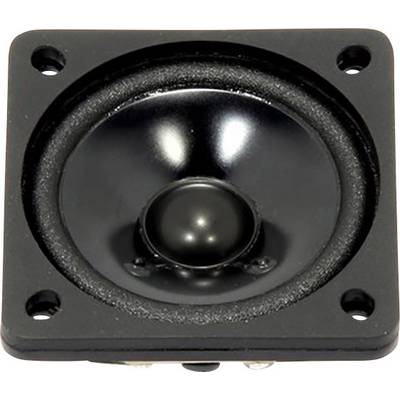A black speaker driver with a square enclosure and a round membrane in the centre, suitable for sound amplification.