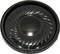 Round, black speaker driver with a spiral-shaped, concave surface in the centre.