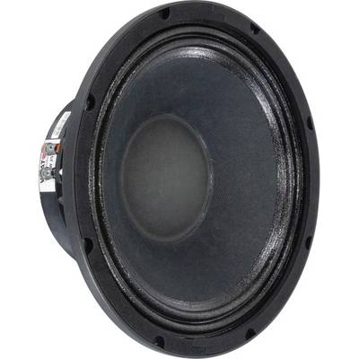 A large, round speaker in black and silver, side view. It shows typical membrane and edge details of a bass speaker.