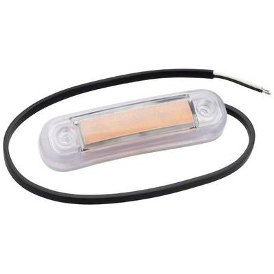 An oval LED light with a transparent casing, an orange element inside, and a black cable for electrical connections.