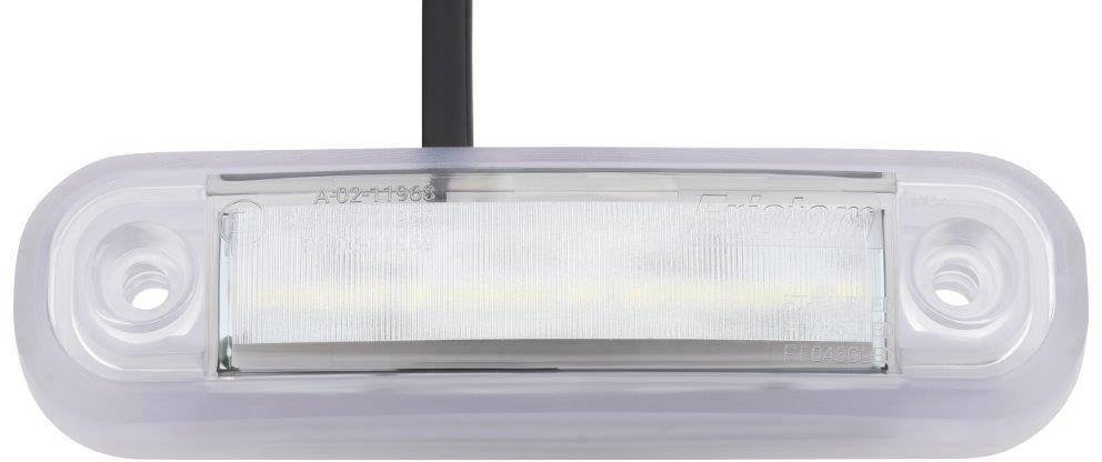 A white LED light with two mounting holes and a black cable at the top.