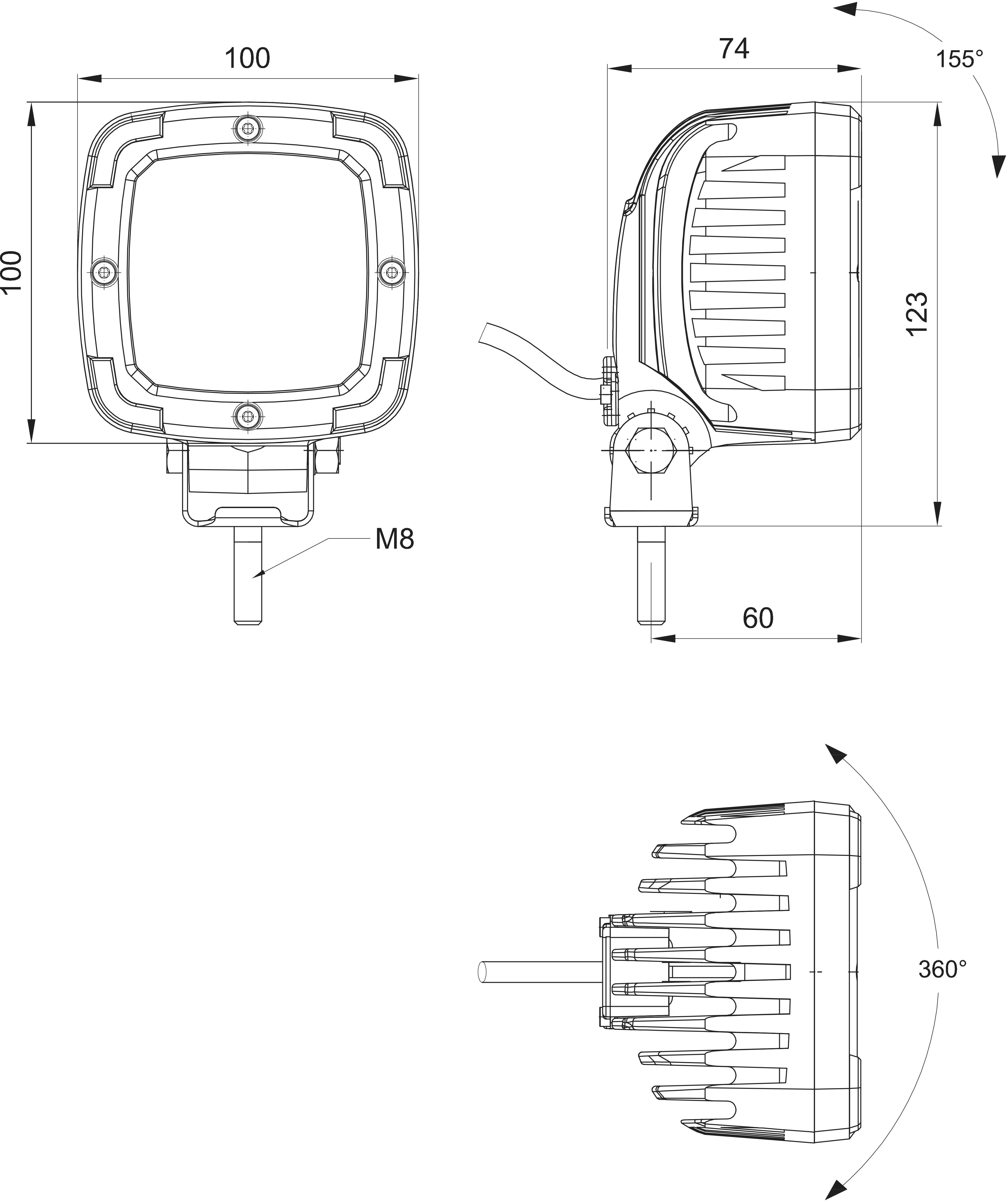 Technical drawing of a rectangular headlight with dimensions. Shows front, side, and top view. 360° rotatable, M8 connection.