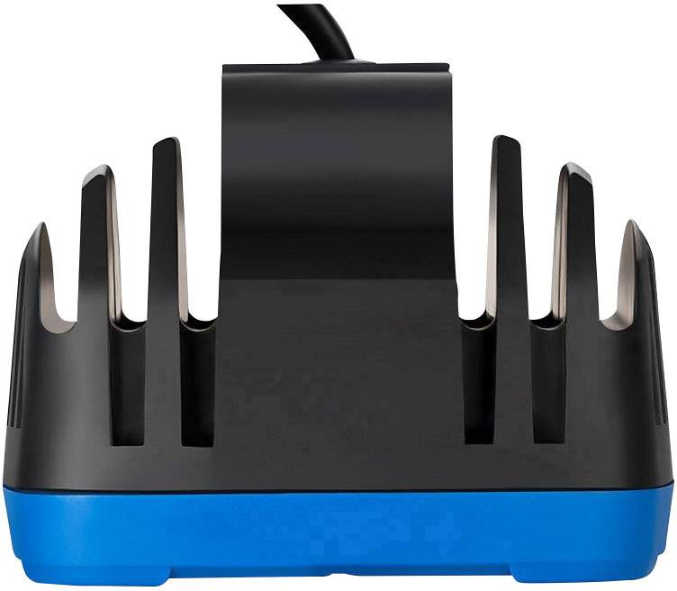 A black and blue electrical device with multiple slots for cable organisation.