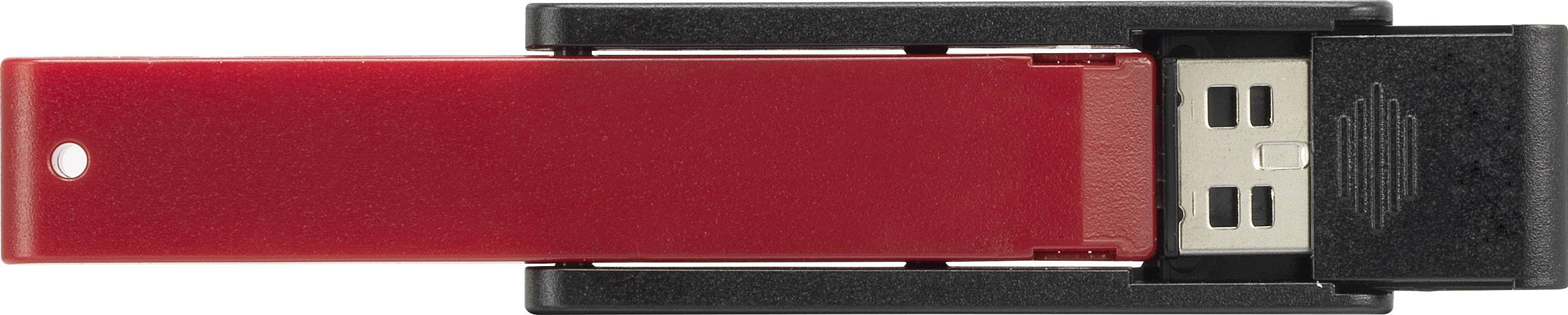 A red USB stick with a black casing, extended and viewed from above.