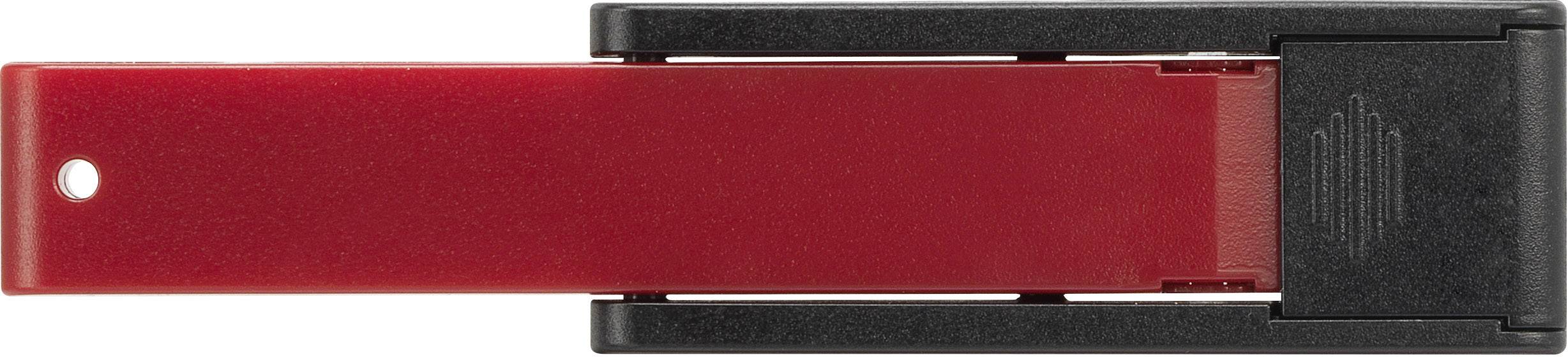 'Red and black hole punches in side view, closed.'