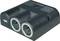 A black automotive adapter with two cigarette lighter sockets and a USB port for power supply or chargers.
