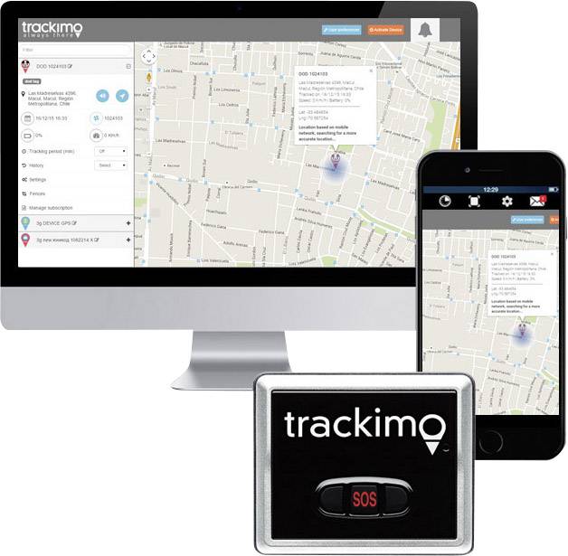 A computer screen, a smartphone and a GPS device show a tracking app with a map view and location details.