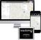 A computer screen, a smartphone and a GPS device show a tracking app with a map view and location details.