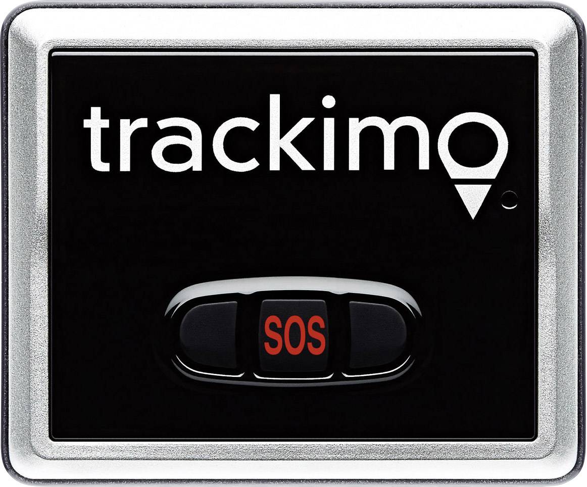 A black GPS tracker with 'trackimo' logo and a central SOS button.