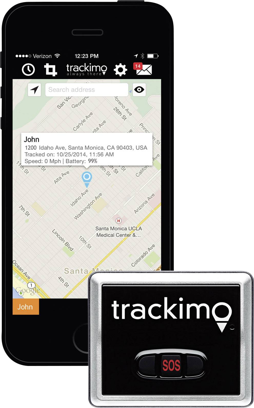 A smartphone displays the 'trackimo' app with a map and location details; in the foreground is the GPS device with an SOS button.
