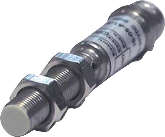 Metallic cylindrical sensor with two nuts and a label. Primarily used in industrial applications.