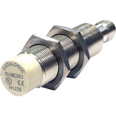 A cylindrical proximity sensor by Datalogic with threading and labelling 'IS18CB352', 'CE', 'M1225'. Chrome-plated housing.