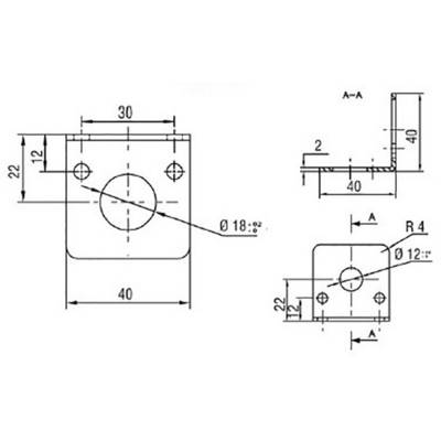 Technical drawing of a mounting bracket with dimensions: width 40 mm, height 40 mm, central bore diameter 18 mm, side bore diameter 12 mm.