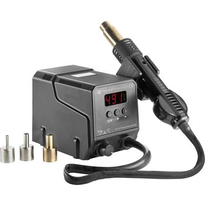 A hot air soldering station with a digital display shows '491'. Accessory nozzles are placed beside it. Suitable for precise soldering.