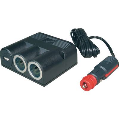 Black car adapter with two power sockets and a USB port. Cable with cigarette lighter plug. For automotive accessories.
