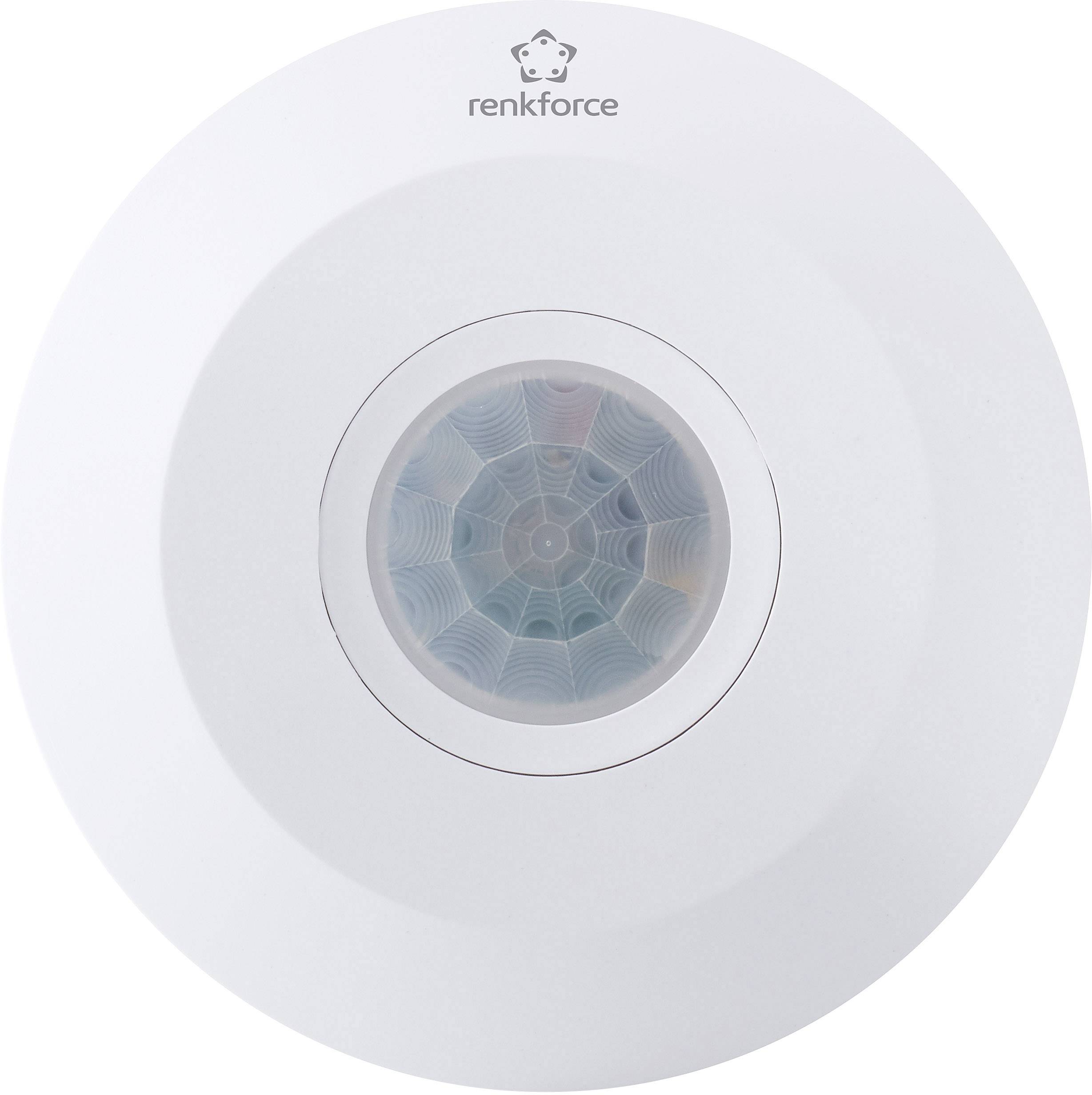 Renkforce round motion sensor, predominantly white, with a central, multi-layered pattern in the sensor area.