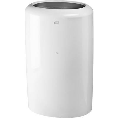 White, cylindrical metal paper towel dispenser with brand logo on top.