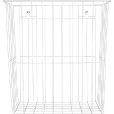 A white, empty wire basket with a rectangular shape. Suitable for storing items around the home.