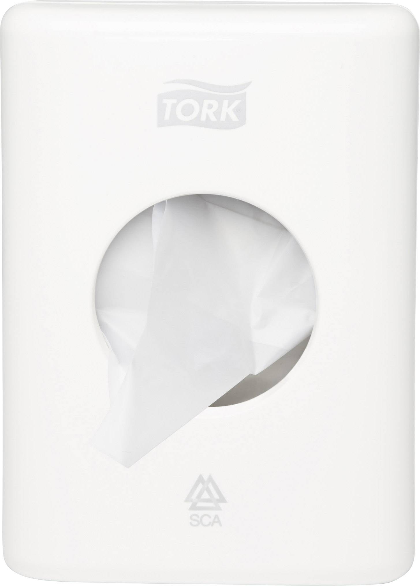 A white Tork paper towel dispenser with a paper towel extracted. Dispenser shows brand logo at the top, manufacturer logo at the bottom.