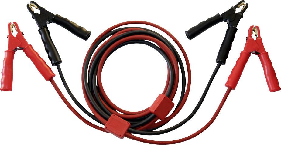 A pair of red and black jump leads with clamps used for jump-starting car batteries.