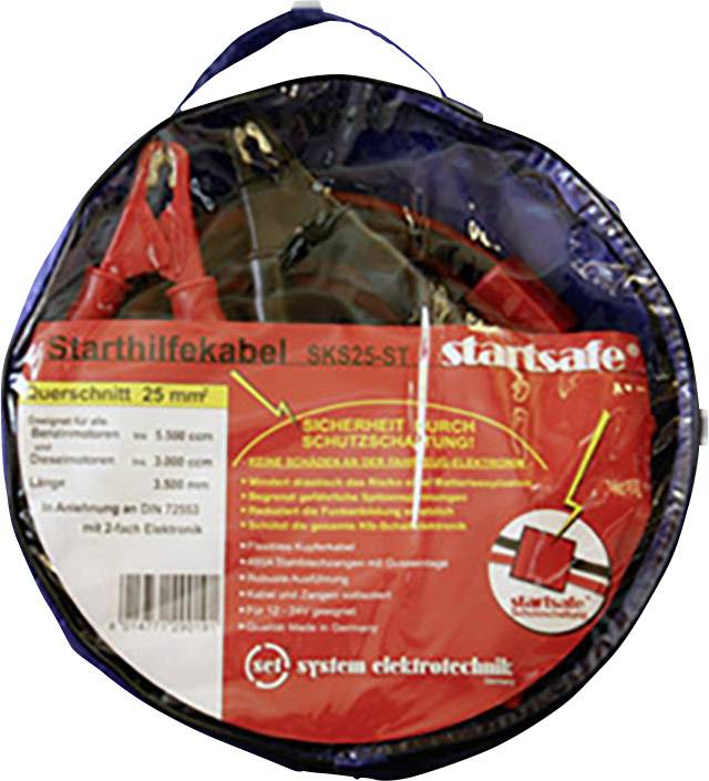 Jump leads in carry bag, 25 mm² cross-section, suitable for 12- and 24-volt systems. Red packaging with product details.