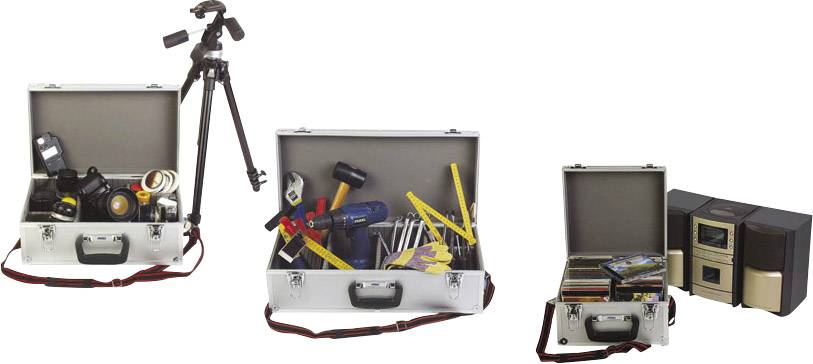 'Three open suitcases. Left: Camera and tripod. Centre: Tools such as hammer and tape measure. Right: CDs and portable audio device.'