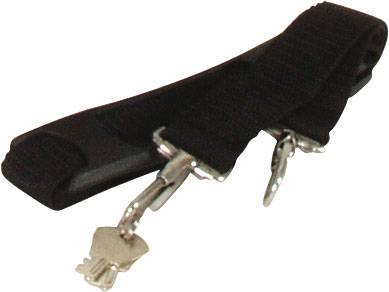 Black belt with two silver hooks. Suitable for holding or securing items.