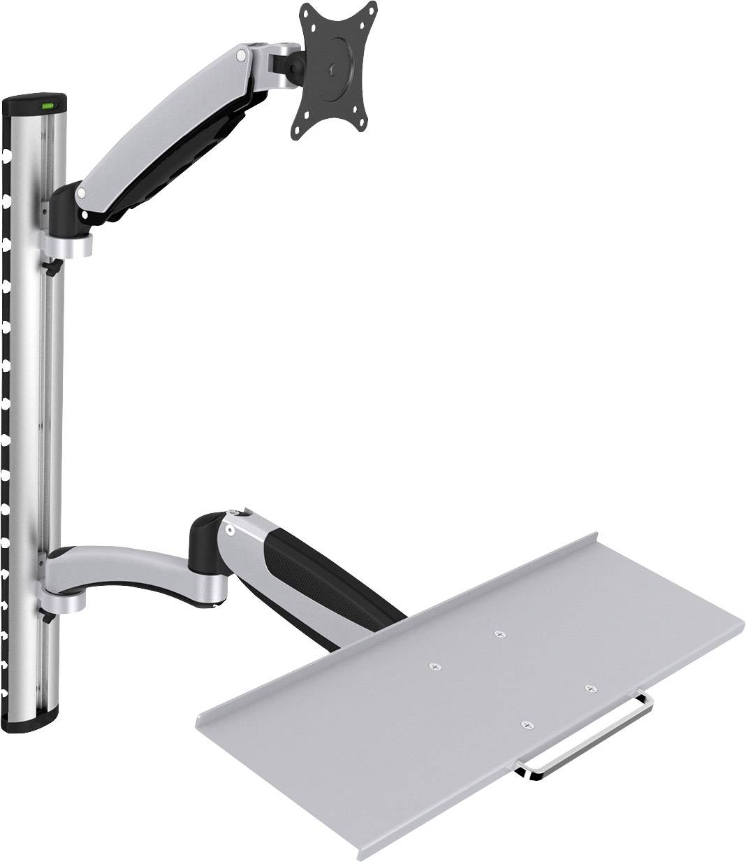 Monitor stand with bracket and keyboard tray, silver and black, flexibly adjustable. Ideal for ergonomic workspaces.