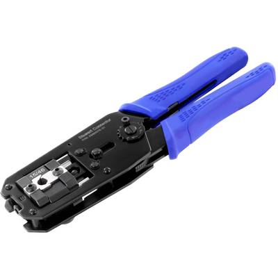 A crimping tool with blue handles, used for network or telephone cable connections.