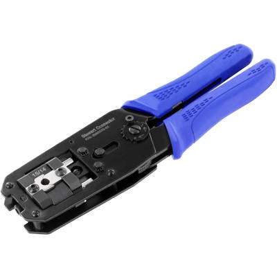 Blue crimping tool with metal mechanism for connecting cables.