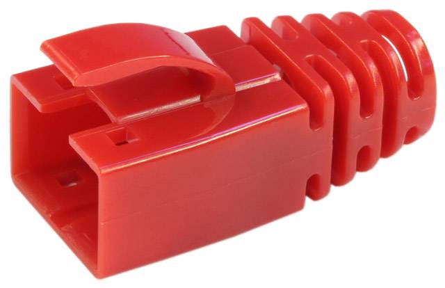 Red plastic cable protection plug with ribbed surface and curved clip for cable end protection.