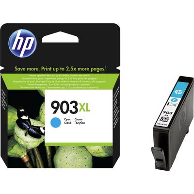 HP 903XL Printer Cartridge, Cyan. Packaging displays an image of a flowering plant and butterfly. Text emphasises increased print capacity.