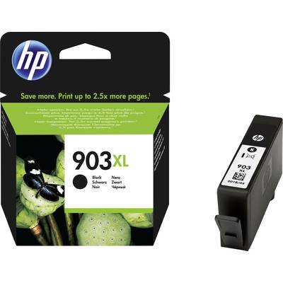 Black HP 903XL ink cartridge next to packaging with green design and product information.
