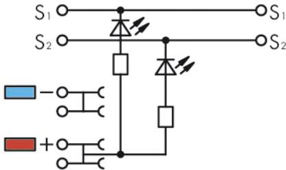 Electronic circuit diagram shows diodes, resistors and switches S1 and S2 in a circuit with blue and red connection markings.