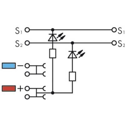Electronic circuit diagram shows diodes, resistors and switches S1 and S2 in a circuit with blue and red connection markings.