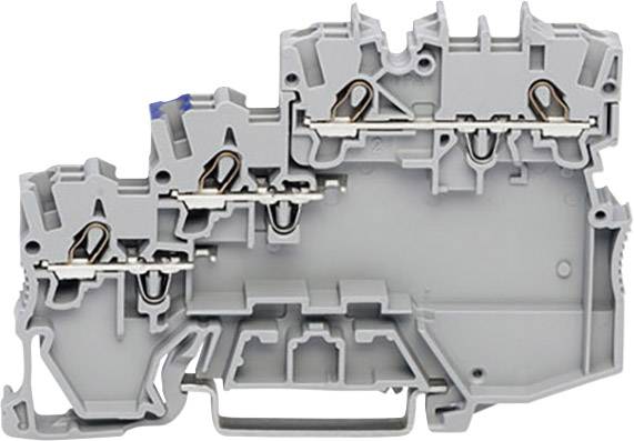 Grey and yellow multi-level terminal block with three tiers for wired connections in electrical control cabinets.