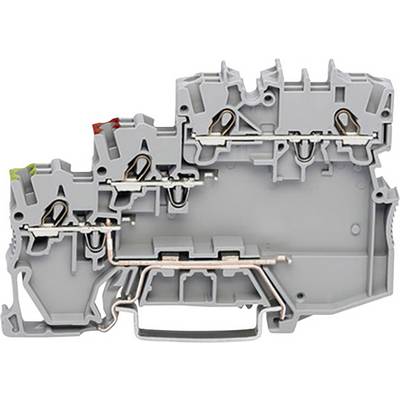 A grey, multi-stage terminal block with multiple metal connections and coloured elements in the top left, used for wiring electrical circuits.