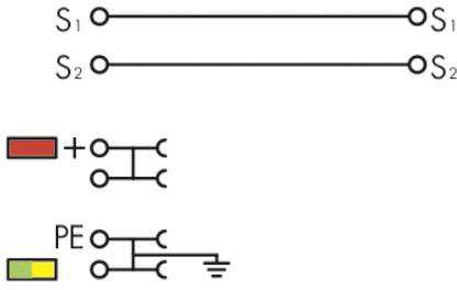 Circuit diagram: Two switches 'S1' and 'S2' connected, underneath a red one with '+' and a yellow-green PE earth terminal.