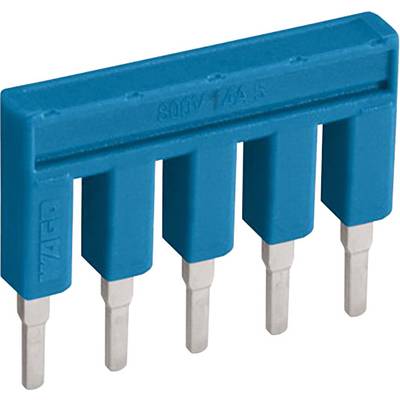 A blue plug-in bridge connector with five connection points, used in electrical installation, rated for 500V and 15A.