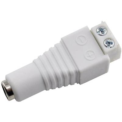 White DC plug adapter with screw terminals. Plus and minus signs indicate polarity.
