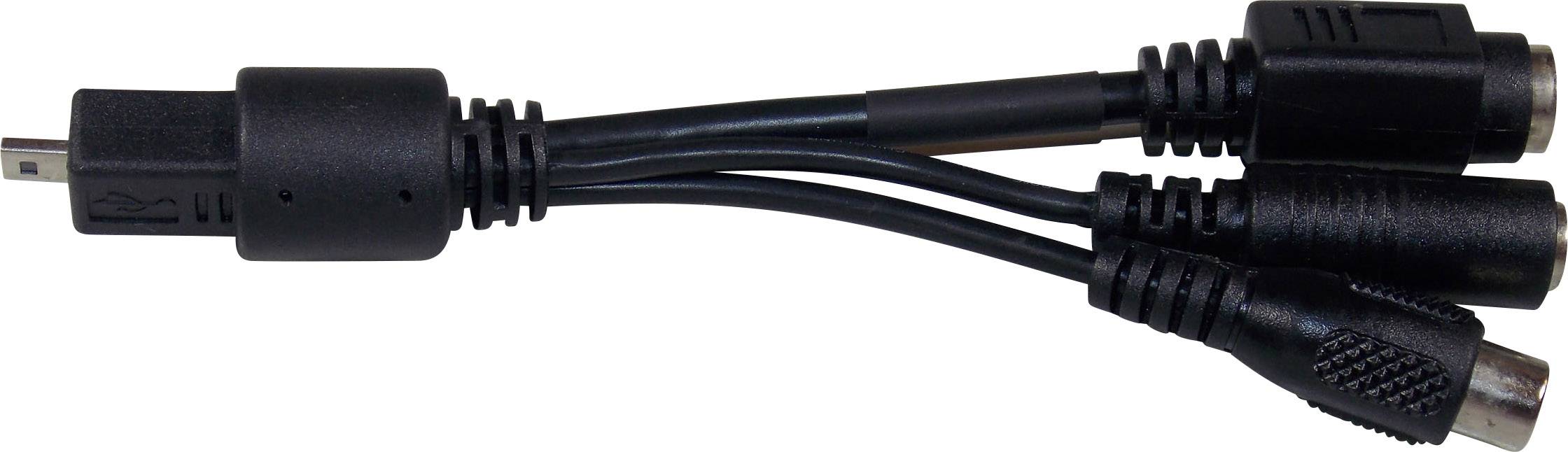 A black cable with a USB plug on one side and three different connectors on the other side.