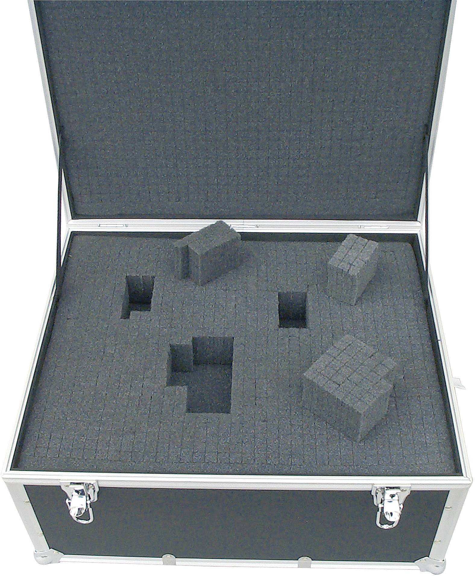 An opened transport case with foam-padded recesses for materials or equipment.