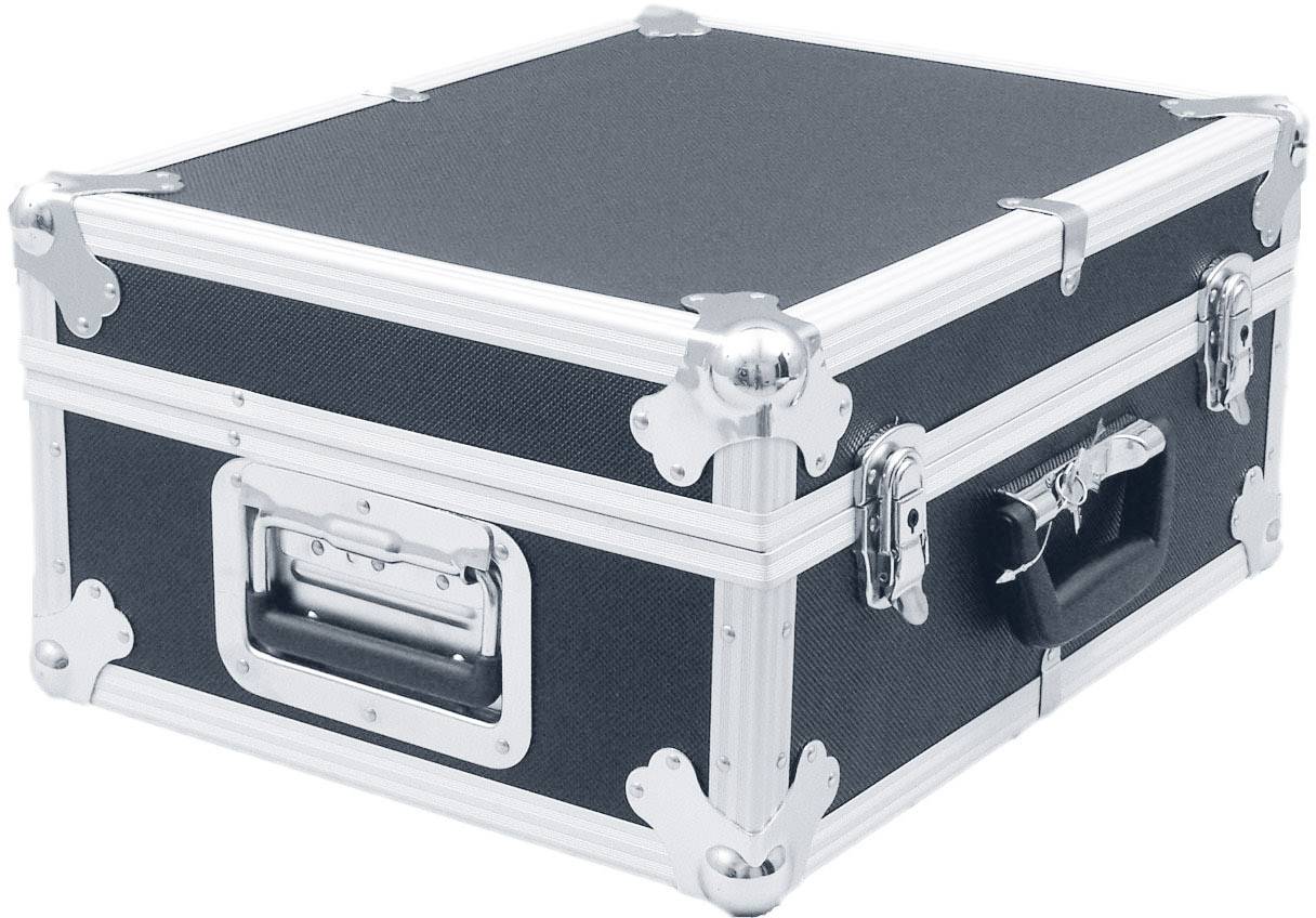 A black suitcase made of sturdy material with reinforced corners, a metal handle on the side, and a snap fastener at the front.