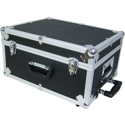 Black aluminium case with silver corners and handle. Suitable for safely transporting sensitive equipment or tools.