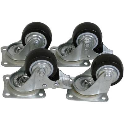 Four swivelling castors made of metal and rubber mounted on metal plates. Ideal for attaching to furniture or equipment to provide mobility.